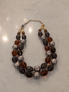 Designer-Inspired Two-Strand Beaded Necklace in Amber and Gunmetal